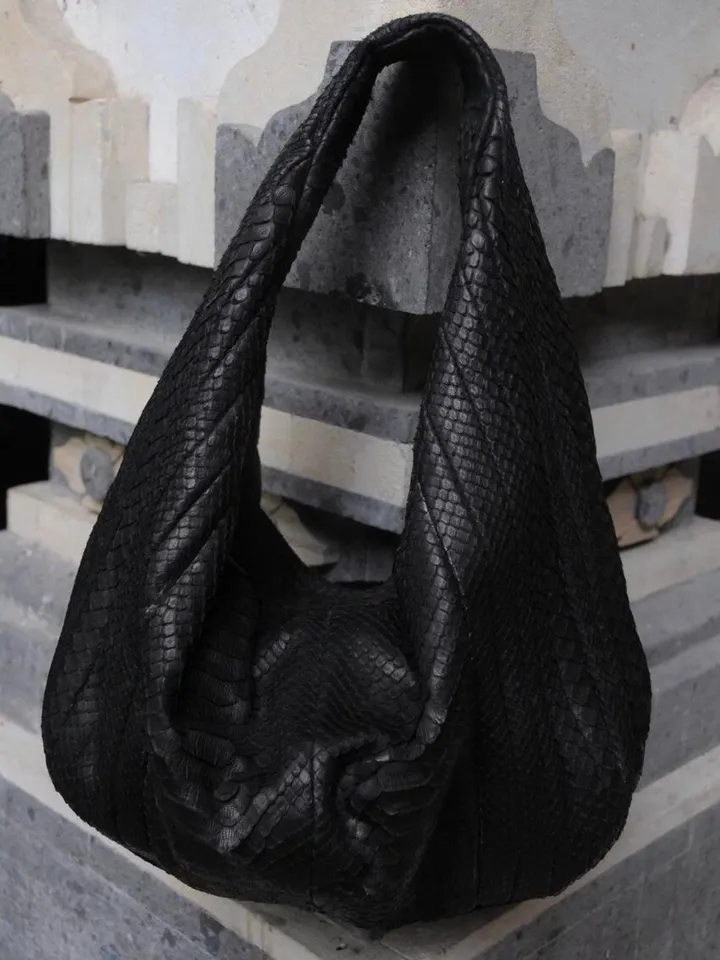 Big Soft Hobo Classy Sport Woman Stitched Bag | Purse Genuine Python Skin | Black Big Elegant Leather Designer Soft Bag Snake | reptile hobo