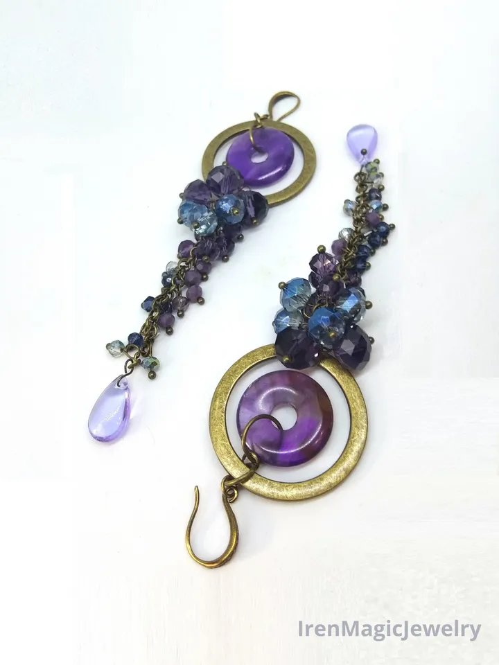 Boho Purple Cluster Earrings with Amethyst Donuts