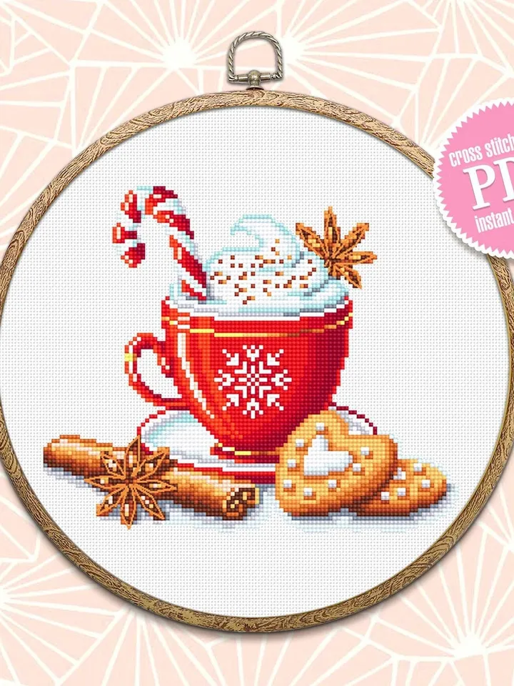 Christmas coffee cross stitch pattern download PDF, Christmas cross stitch chart, Winter holiday hand embroidery PDF, Coffee cup stitch #N58