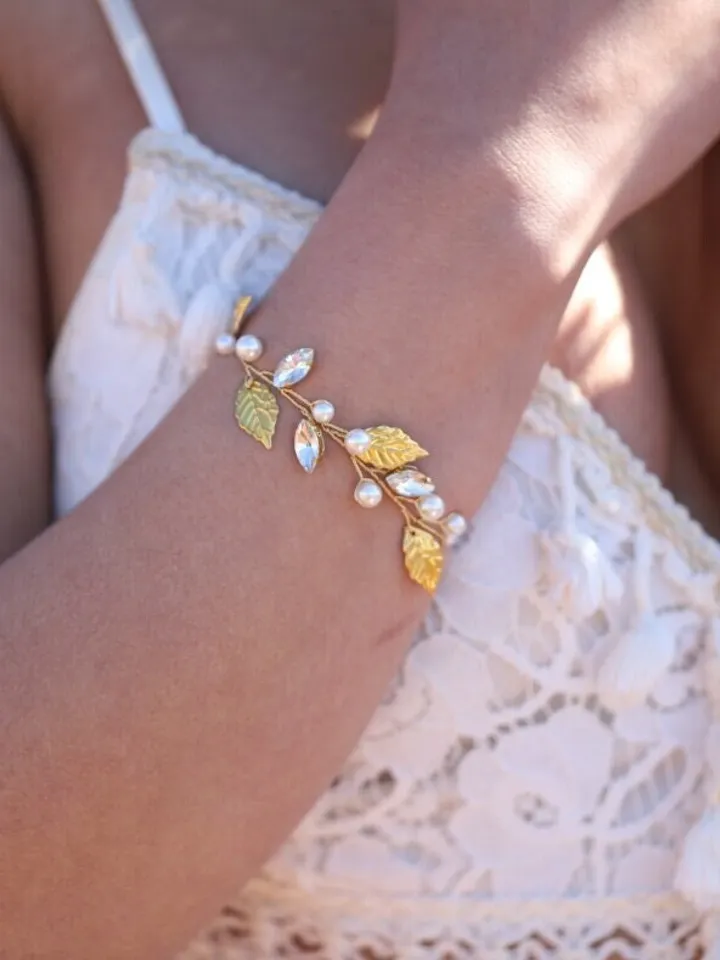 Boho Wedding Bracelet, Gold Leaf Statement Wedding Earrings, Pearl Bridal Bracelet, Statement Wedding Jewelry, Swarovski Crystal Jewellery