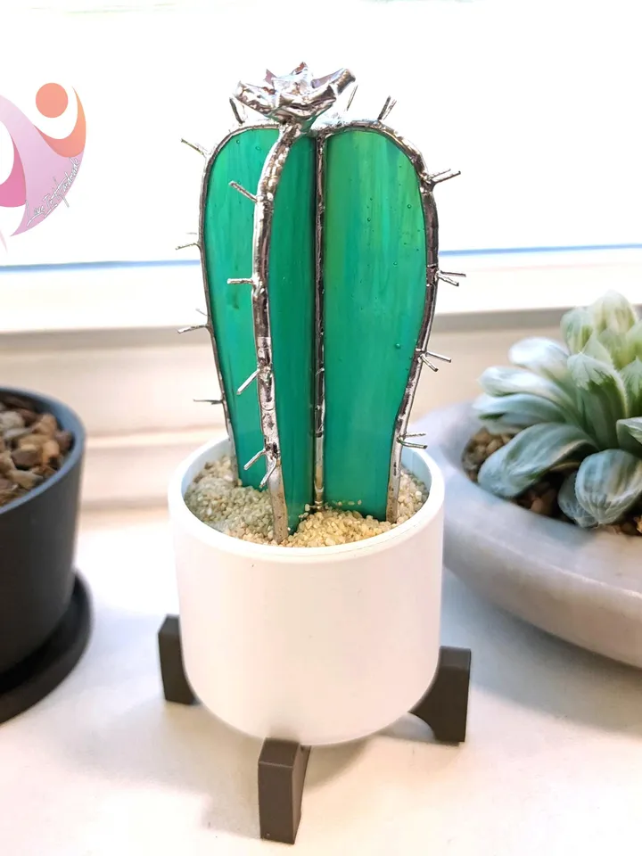 Small Stained Glass Torch Cactus with Mini Pink Flower Suncatcher in Cute Pot for Windowsill Decor Perfect No Kill Gift for Succulent Lover