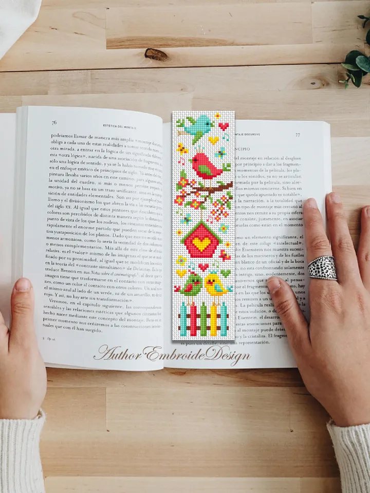 Spring bookmark cross stitch pattern PDF download Romantic love birds cross stitch chart, Bird bookmark pattern digital for beginner #B416