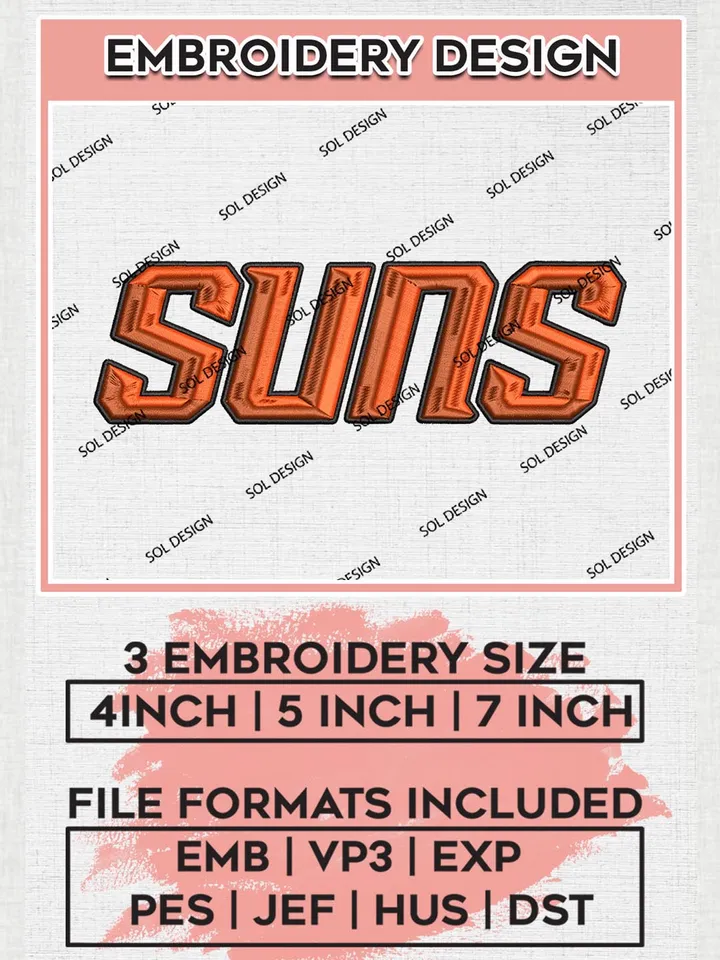 NBA Suns Text Logo Embroidery Files, NBA Phoenix Suns Team Logo Embroidery, NBA Machine Embroidery Designs, NBA Embroidery Design, Machine embroidery Files, Digital Download