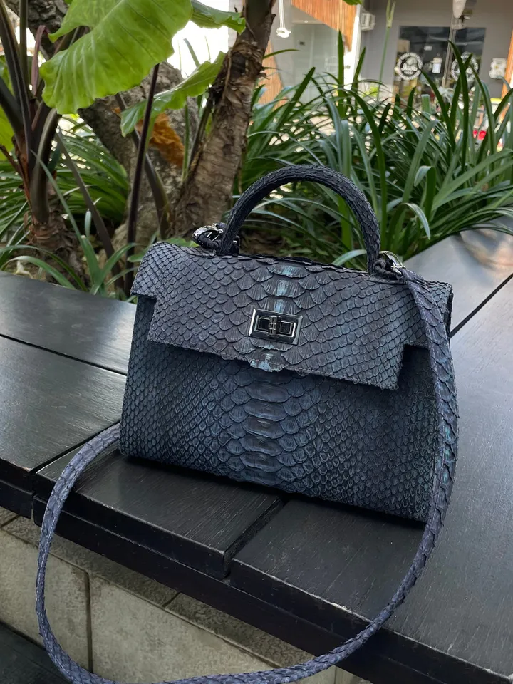 Top handle dark grey classy genuine python skin bag | exotic leather bags | Elegant women purse | snake skin bag | designer leather bag