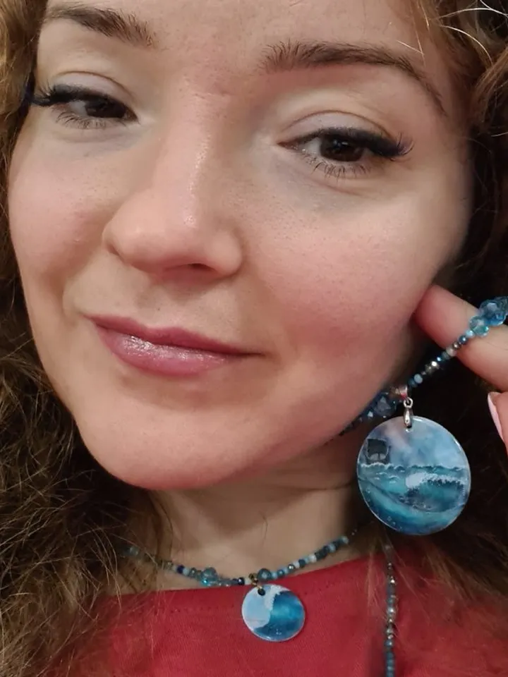 Wave necklace with viking ship, sea wave miniature painting on pearl pendant