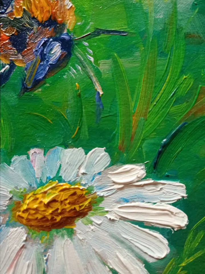 Oil painting wall art bumblebee wall art diptych painting flowers and insects summer bee spring wall decor, gift Pair painting ladybug art