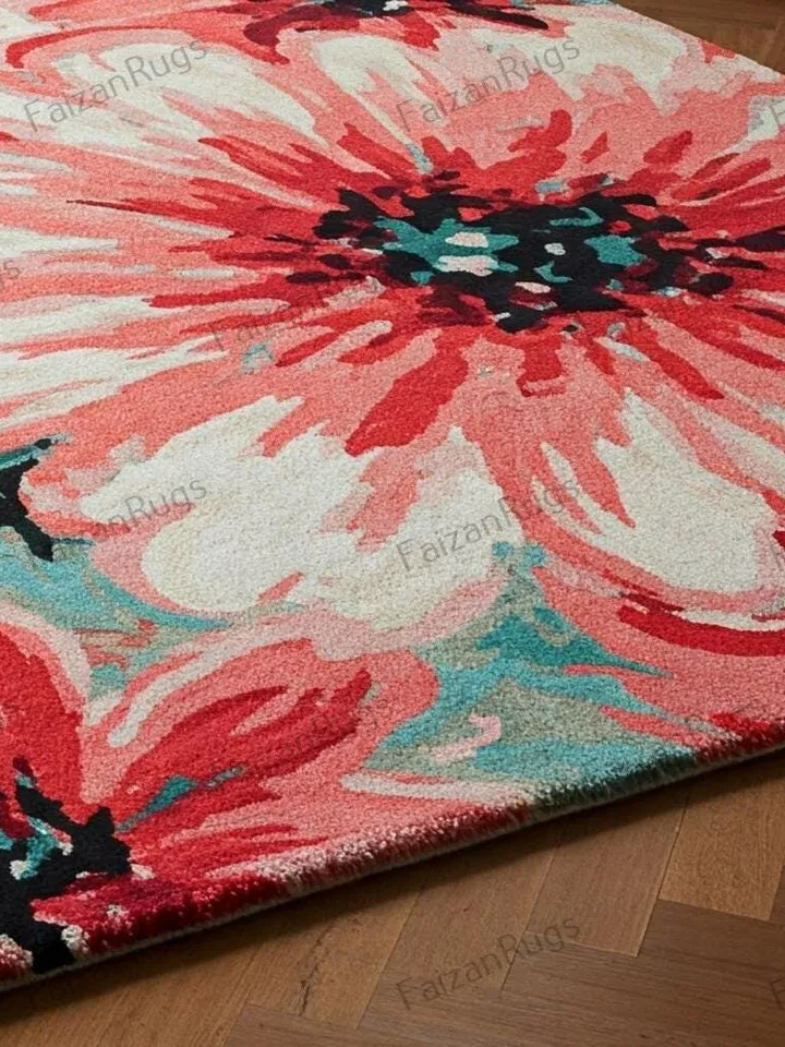 Handmade floral rug, elegant pink & red bloom for home décor, floral rug, area rug, 10x14 floral rug, pink rug, red rug, bedroom rug, rug