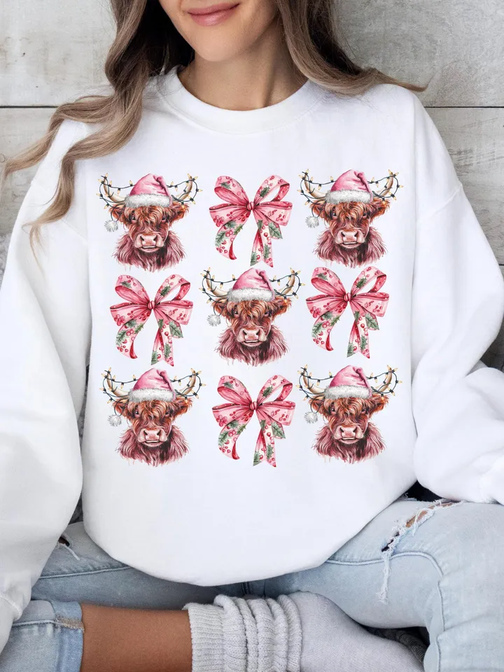 Highland Cow png,Christmas Lights PNG,Farm Animal Christmas PNG,Farmer Christmas png, Western png, Christmas png, pink country Christmas png