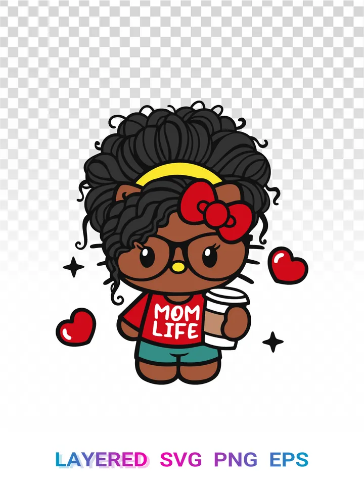 Hello Kitty Mom Life SVG PNG, Curly Hair Sanrio Clipart