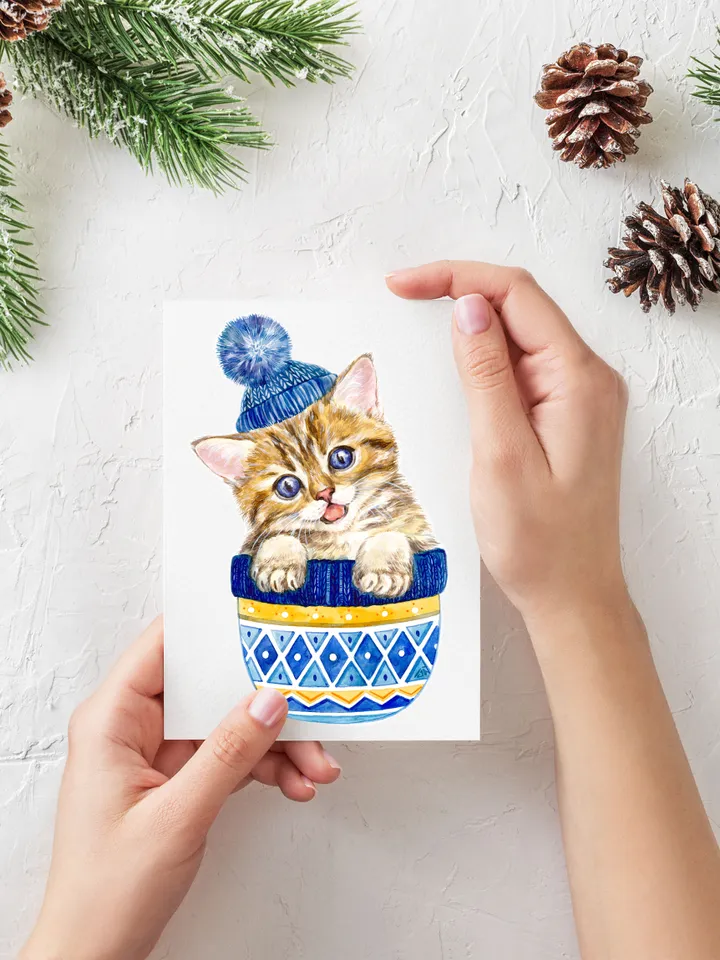 Cute red kitten with blue eyes in a blue knitting hat Art Print, Printable Download, Watercolor Print, Pet Animal, Wall Decor, Prints Wall Art, New Year, Merry Christmas