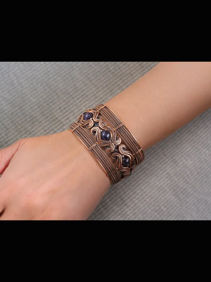 Copper wire wrapped bracelet with amethyst for lady Antique style WireWrapArt