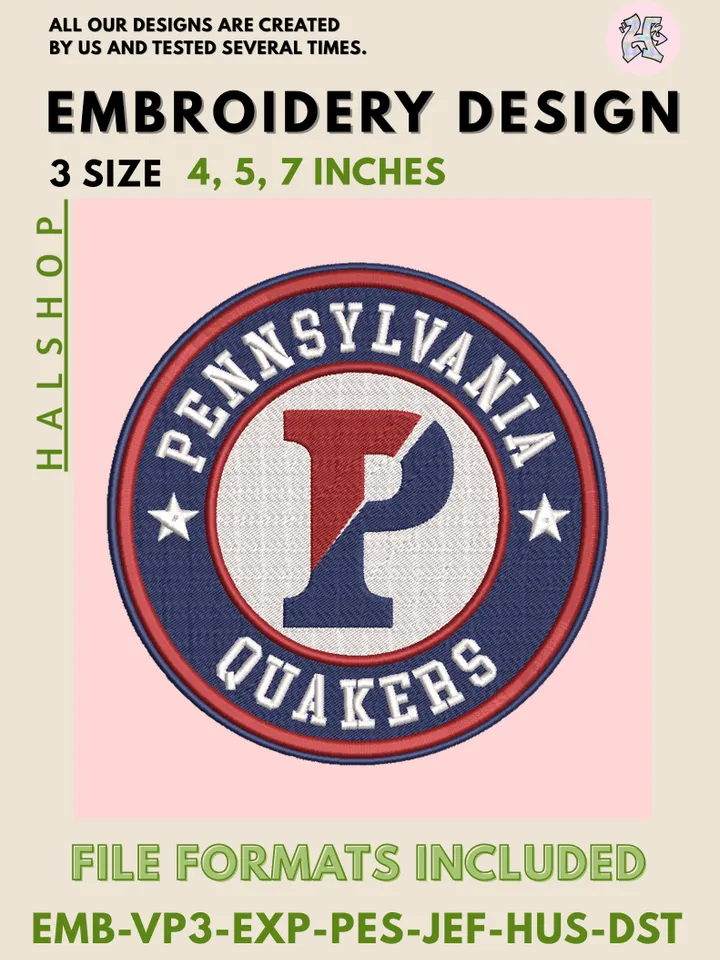 Pennsylvania Quakers NCAA Team Logo Embroidery Design Files – Classic College Mascot Pattern, 3 Sizes Machine Embroidery, Instant Digital Download
