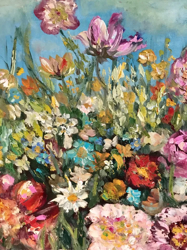 Colourful flowers original oil painting on unstretched canvas,field flowers painting,meadows painting,wild flowers wall art,flowers decor.