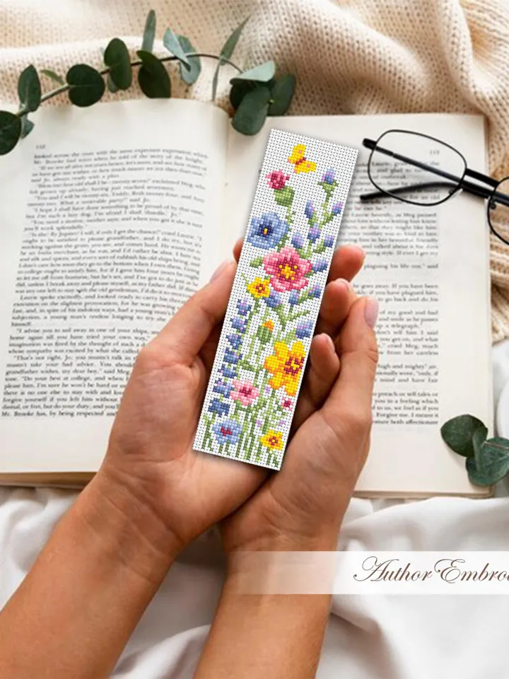 Flower bookmark cross stitch pattern PDF download Wildflowers cross stitch chart, Floral bookmark pattern digital, Watercolor flowers #B453