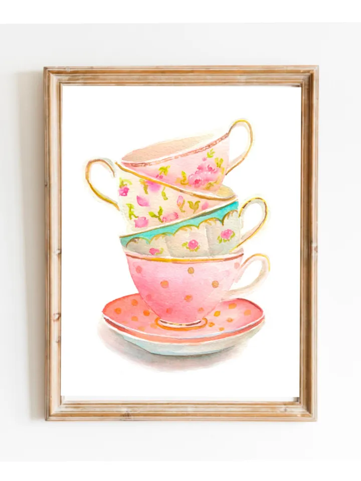 Tea Cups Watercolor Painting, Kitchen Wall Art, Tea Lover Gift, Tea Party, Vintage Kitchen Art, Art For Kitchen, Tea Time, Tea Decor