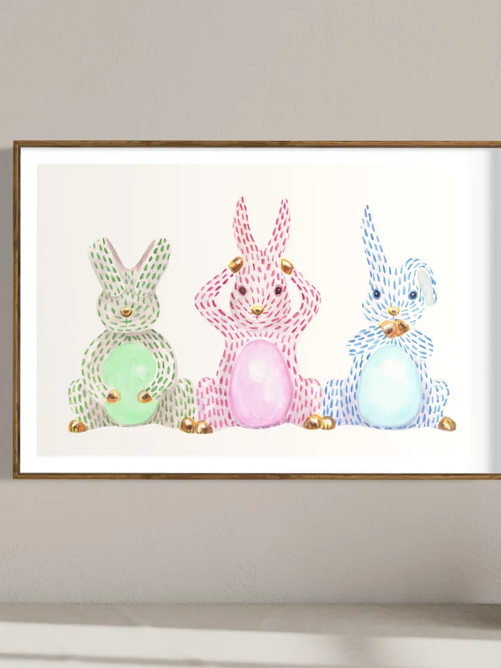 Rabbit Easter Chinoiserie Watercolor Painting Print Easter Bunny Rabbit Gift Print Rabbit Poster Cute Bunny Print Easter Egg Gift Wall Print