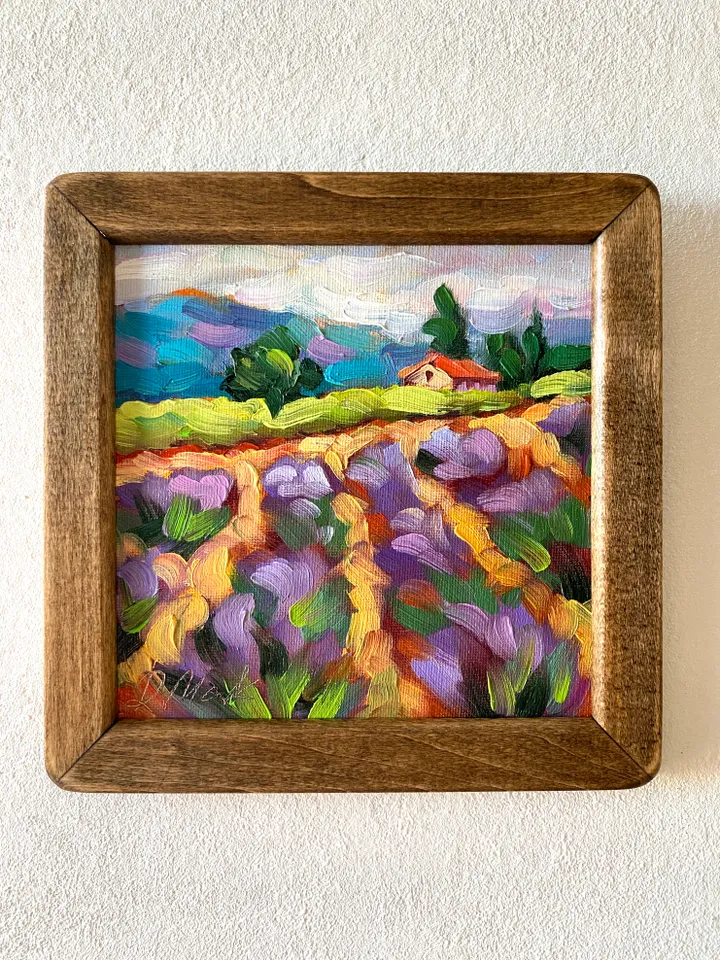 Lavender Fields Painting Tuscany Original Art Landscape Oil Painting Impasto Small Artwork 6x6 Tuscan Serenity Painting Wild Flowers
