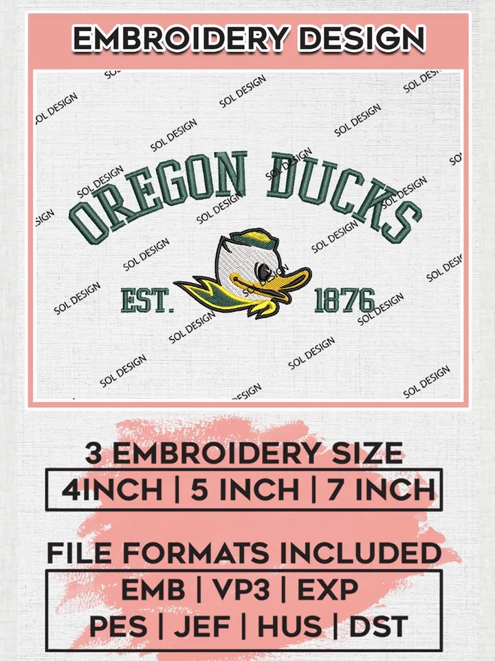 Oregon Ducks Est 1876 Logo Embroidery Designs, NCAA Oregon Ducks Team Embroidery, NCAA Team Logo, 3 sizes, Machine embroidery Files, Digital Download