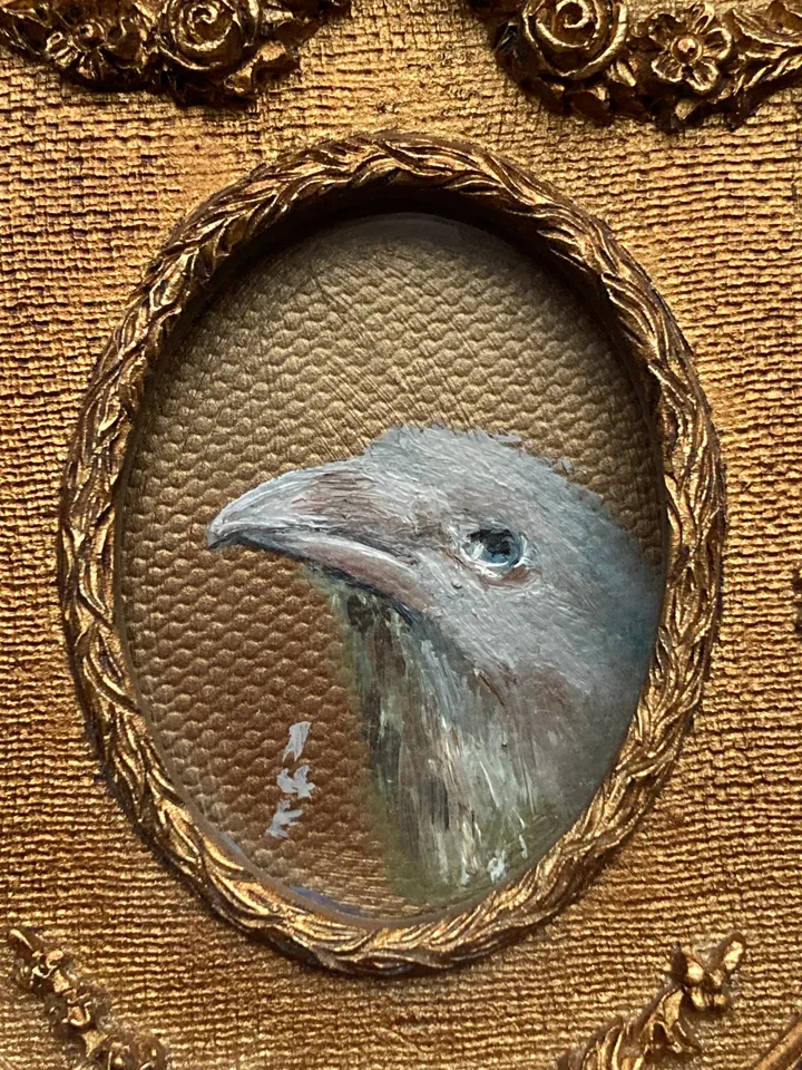 Framed Raven Oil Painting Original Albino Bird Art Dark Cottagecore Art 4x5 Art