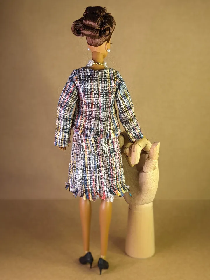 Handmade checked black & blue suit with pearl clasps for 16-inch Fashion Royalty dolls (FR16)