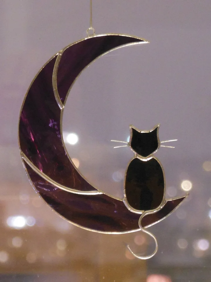 Black Cat On The Purple Moon . Art stained glass window hanging Suncatcher . Gift for animal lover , pet loss memorial . Purple and black
