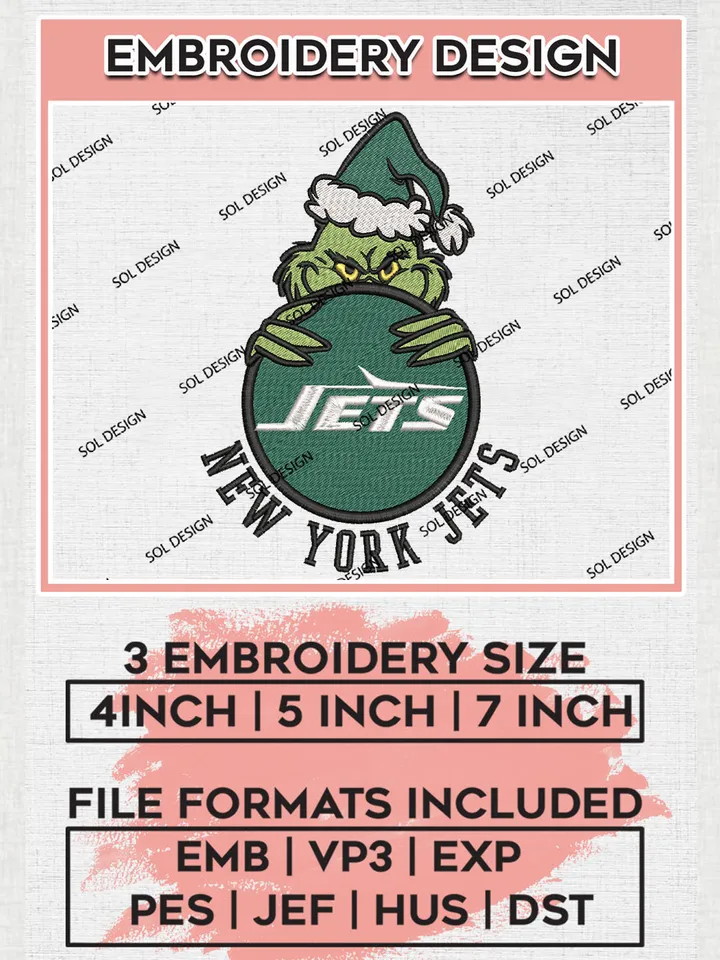 NFL New York Jets Team x Grinch Holding Ornament Logo Embroidery Designs, NFL Jets Team Machine Embroidery Files, NFL Football Teams, 3 sizes, Grinch Machine embroidery designs, Digital Download