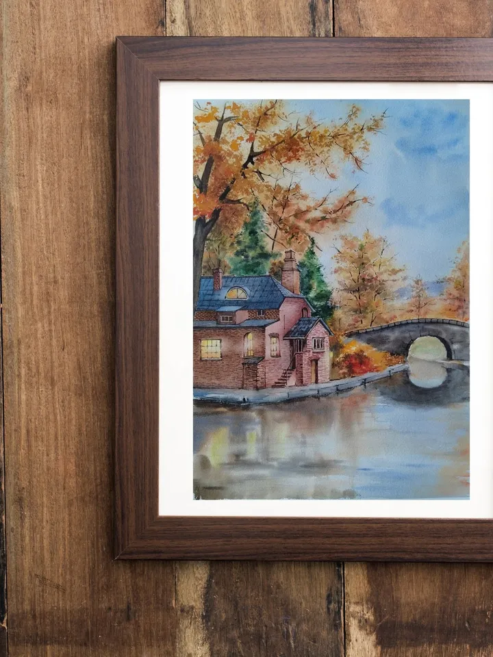 Autumn Country Landscape Art Original Watercolor Painting 11.81x15.74 in by Art Café