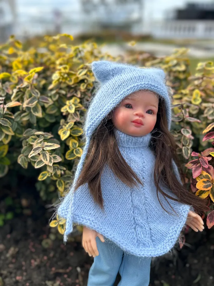 Poncho and Kitty Hat for Paola Reina KNIT PATTERN and tutorial for Boneka 12-13 inch doll, Ruby Red Siblies, Les Cheries 32 cm PDF eng