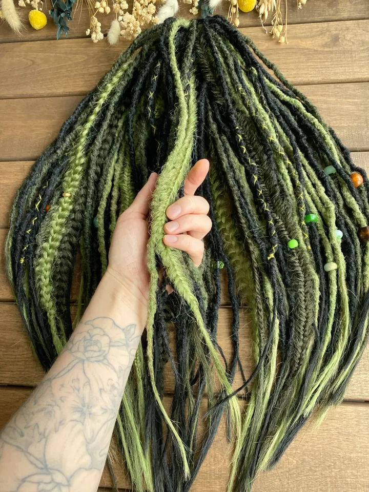Black and forest green Double Ended Synthetic dreadlocks, ready to ship