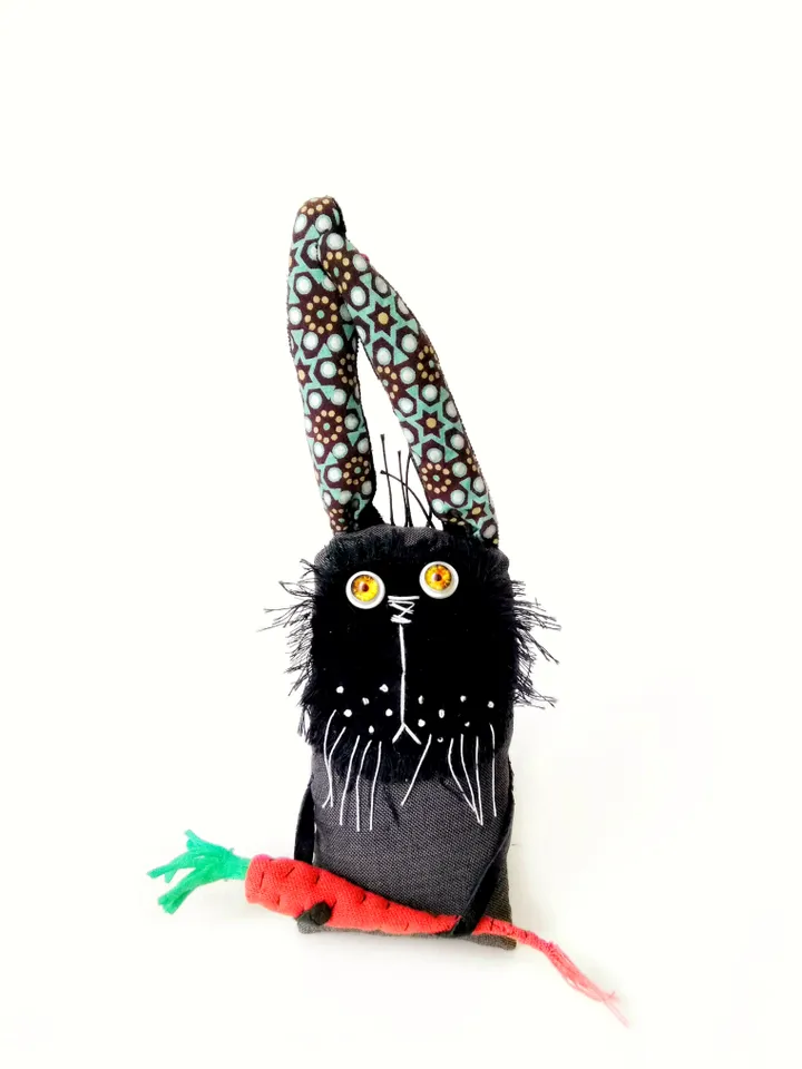 Handmade Quirky and Unique Fabric Art Doll Bunnies: One-of-a-Kind Fun Delightful Interior Decor Toys with a Spooky Twist. FREE SHIPPING!