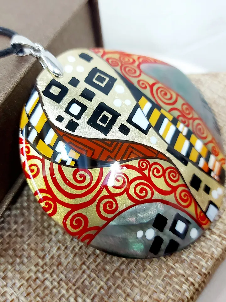 Gustav Klimt.Mother-of-pearl Russian hand-painted necklace.Hand painted miniature painting.Modern.Collectible.Artistic gift.For your beloved