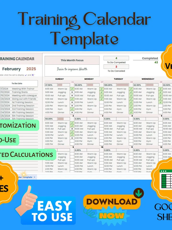 Training Calendar Template | Editable, Easy-to-Use Google Sheets, Digital Download for Workout and Fitness Planning, Customizable