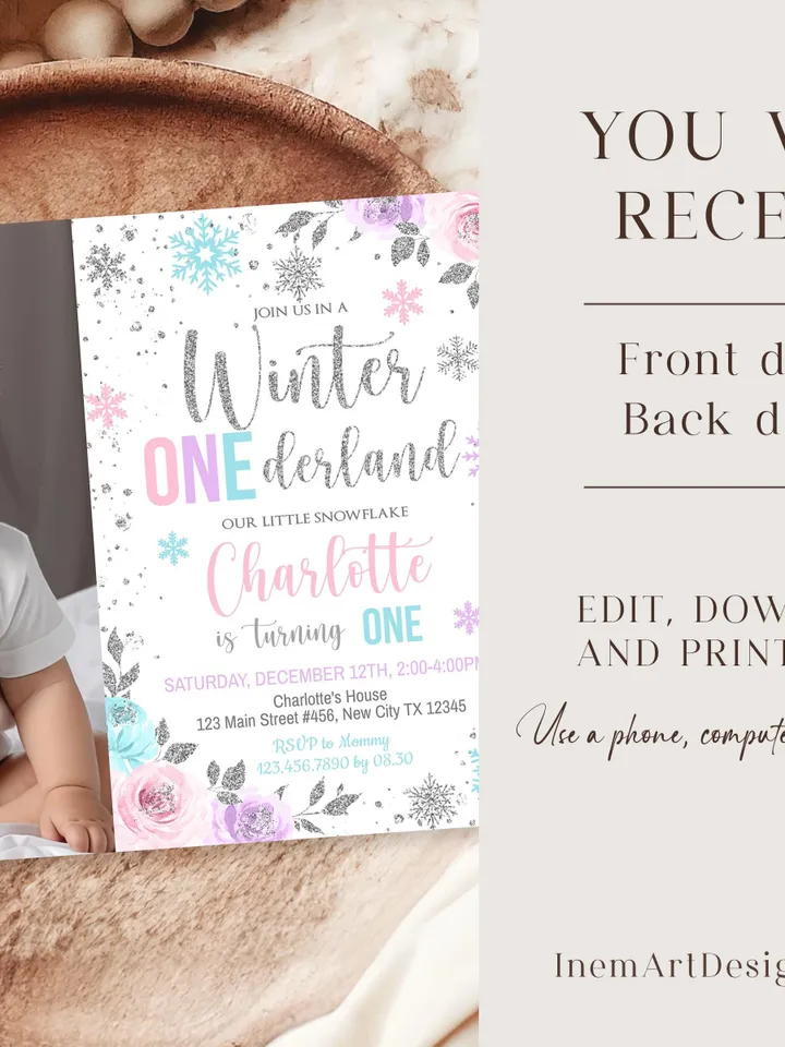 Winter Onederland Birthday Girl Invitation, Winter Wonderland 1st Birthday Invitation, First Birthday Snowflake Photo Template i098
