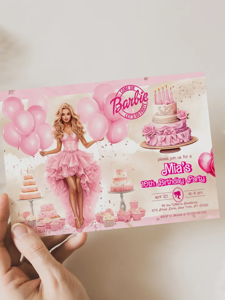 Doll Party Birthday Invitation; hot pink doll party birthday invitation editable template; cute doll girl birthday party bar12