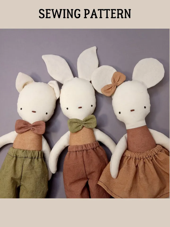 Animal Doll Patterns (Cat, Bunny, Mouse) - 2 sizes