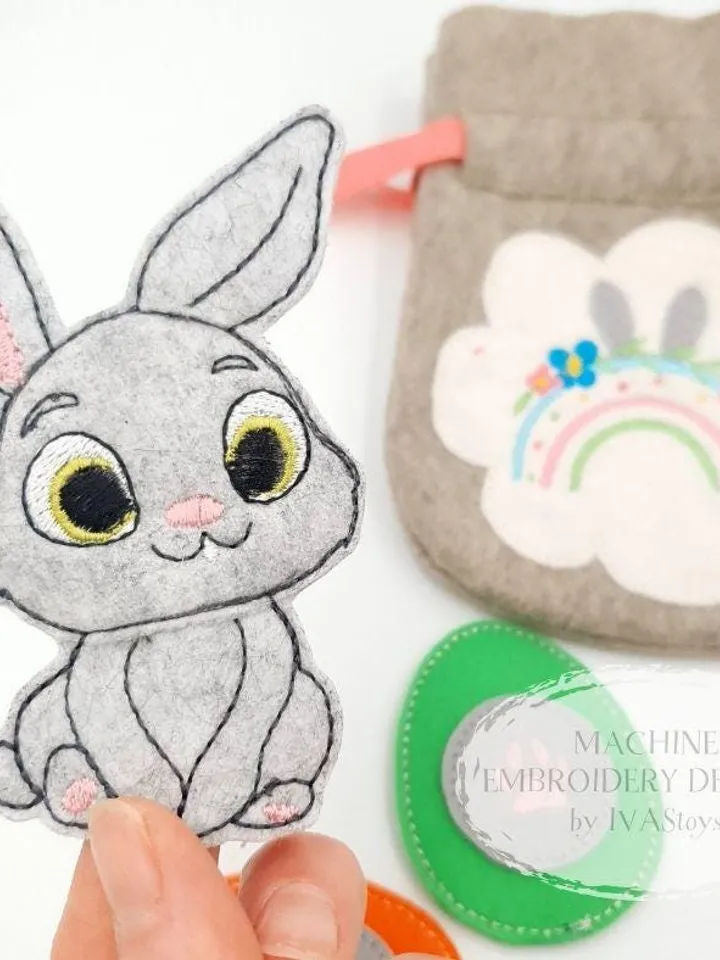 Machine Embroidery Bunny Puppet Pattern & Rainbow Egg Activity Set ITH + Play Guide PDF, Developmental Felt Toy Design