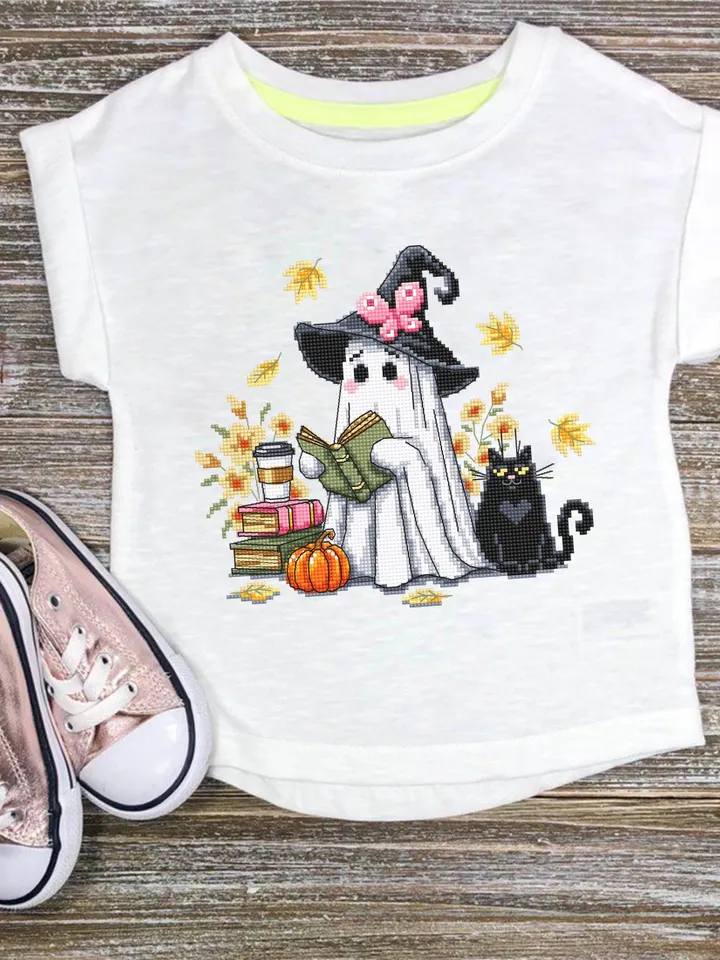 Cute ghost cross stitch pattern PDF download Ghost witch cross stitch chart, Halloween pattern digital PDF, Ghost reading, Black cat #H85