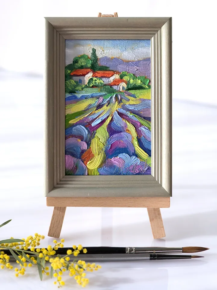 Lavender Fields Painting Tuscany Original Art Landscape Oil Painting Impasto Small Artwork 4x6 Tuscan Serenity Painting Wild Flowers