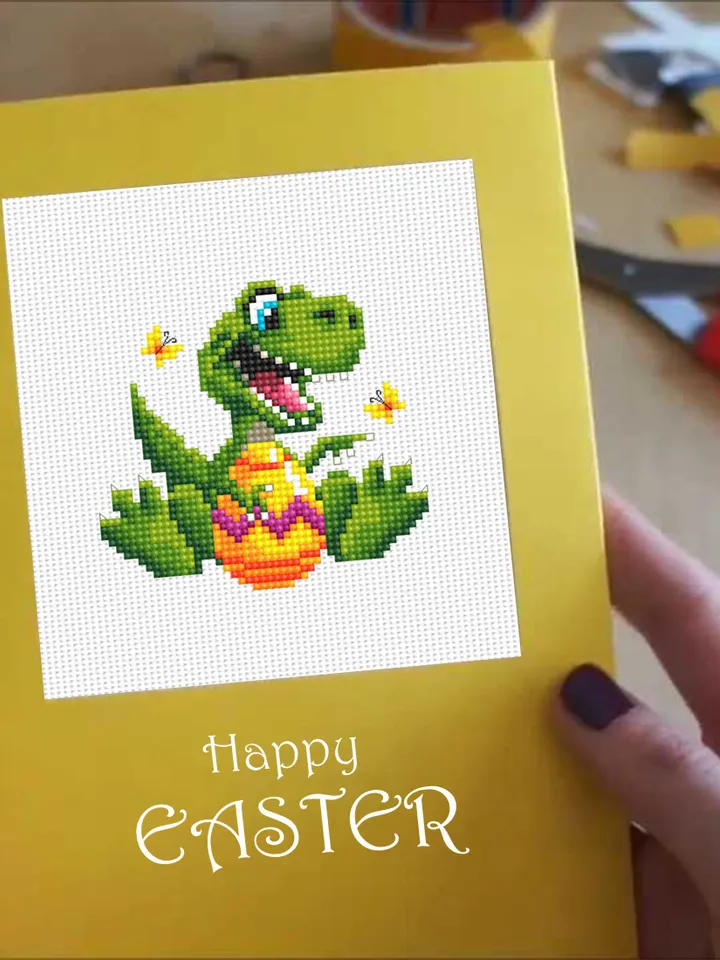 Easter dinosaur cross stitch pattern PDF download, Set of 2 small dino cross stitch chart, Easter pattern digital PDF, T rex Bunny ears #T27