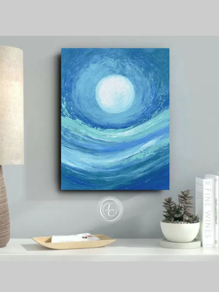 Moon Painting Blue Turquoise Abstract Wall Art on Canvas | Abstract Mountain landscape oil painting