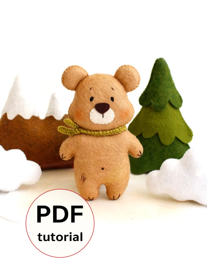 Felt woodland bear with clouds, spruce tree and mountain garland hand sewing PDF tutorial with patterns. DIY forest nursery wall and baby cot decoration