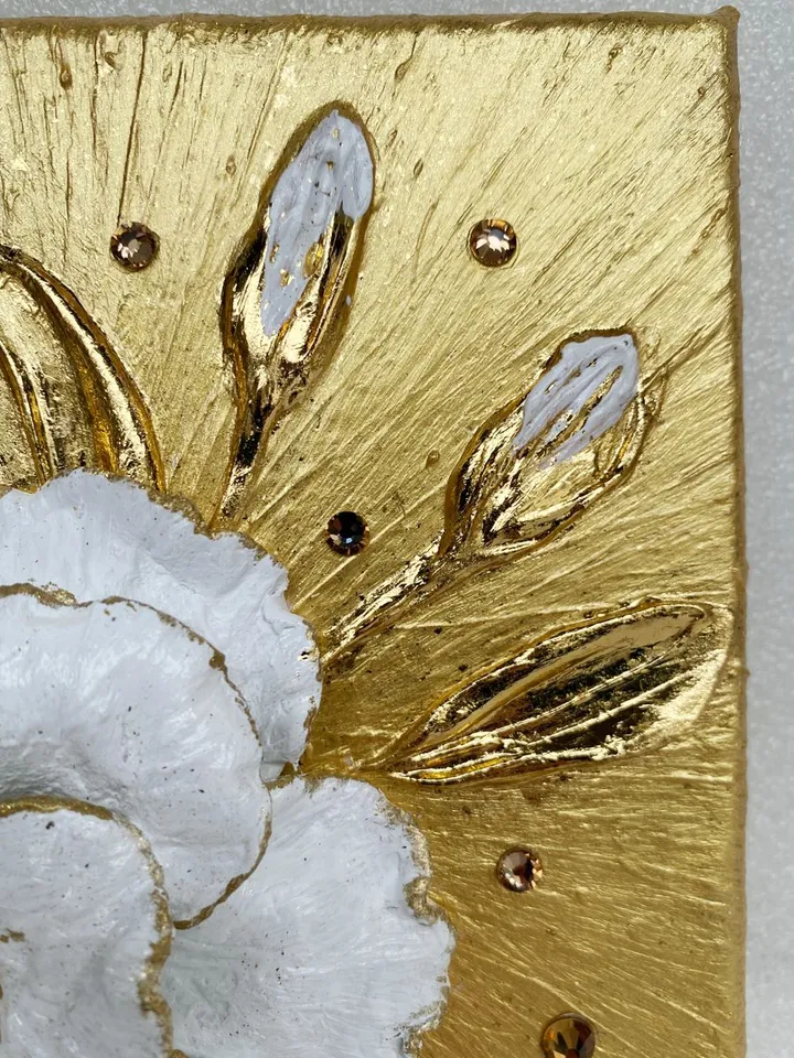 White and Gold Flower art Tea Rose Textured artwork Floral painting by Juliya JC