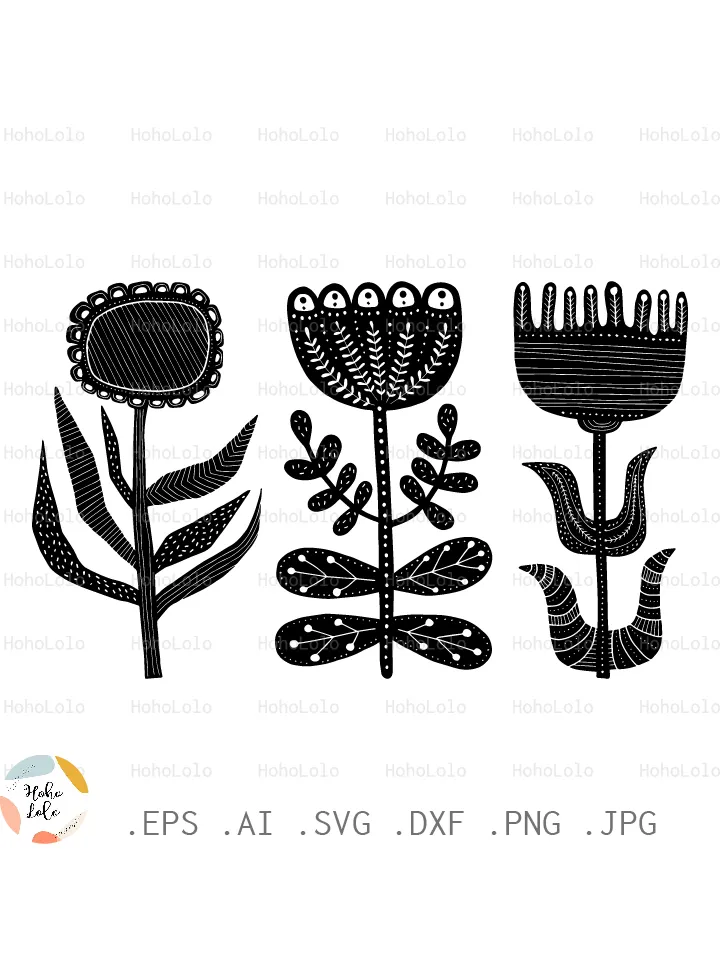 Scandi Flower Svg, Flower Cricut, Flower Silhouette, Flower Linocut, Flower Clipart Png, Flower Stencil Dxf, Flower Template Dxf