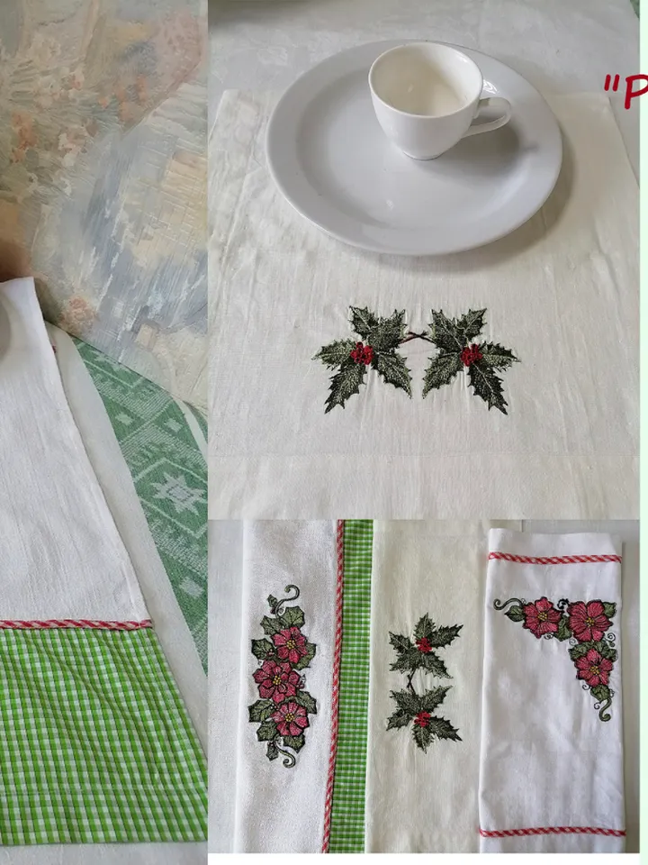 Set of poinsettia and holly Christmas 2 sizes embroidery design