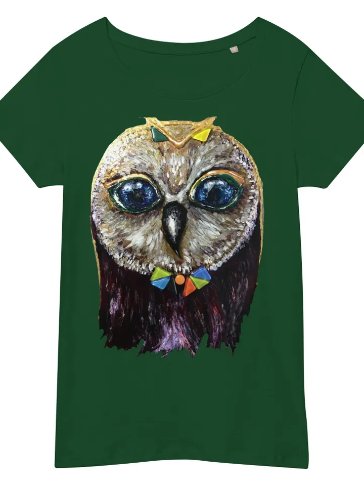 Red owl in glasses Women’s organic t-shirt made with my original stained glass painting,unique design handmade t shirt,special gift for her