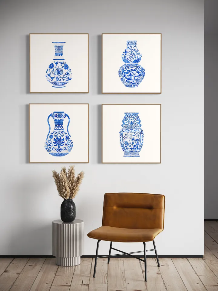 Blue Chinoiserie Set Of 4 Ginger Jars, Watercolor Painting, Vintage Chinoiserie, Chinese Vase Prints, Housewarming Gift, Chinoiserie Art