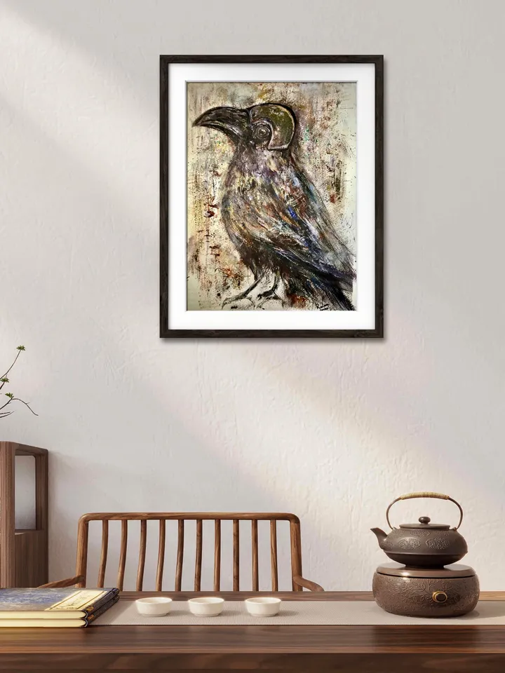 Fashion crow painting,funny crow modern mix media painting,original watercolour mix media artwork on watercolour paper,funny birds painting.