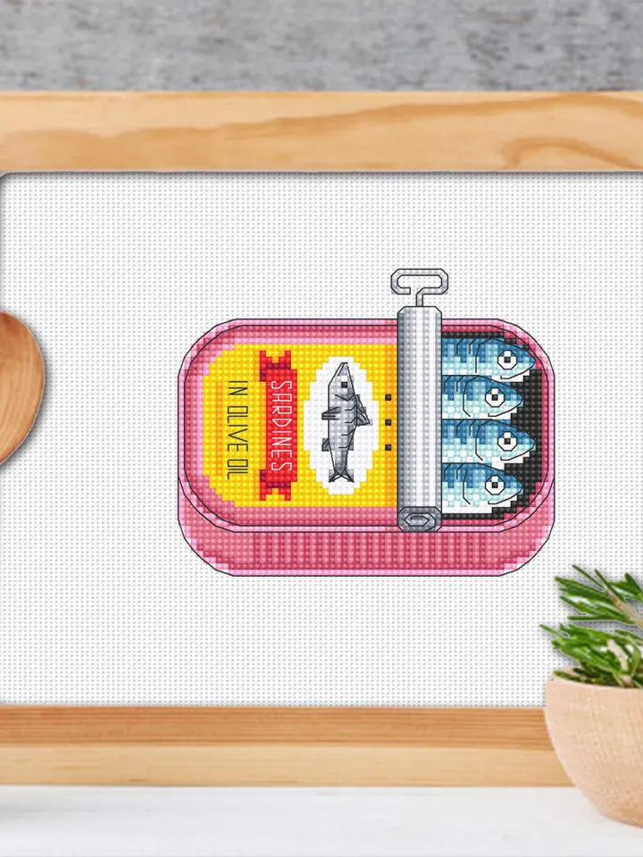 Sardines can cross stitch pattern PDF download Vintage tinned sardines cross stitch chart, Fish pattern digital, Funny kitchen decor #F27