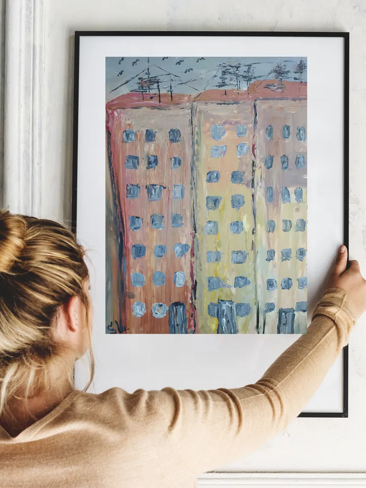 Oil painting City high rises tall buildings street original art handmade cardboard 10x7 inches