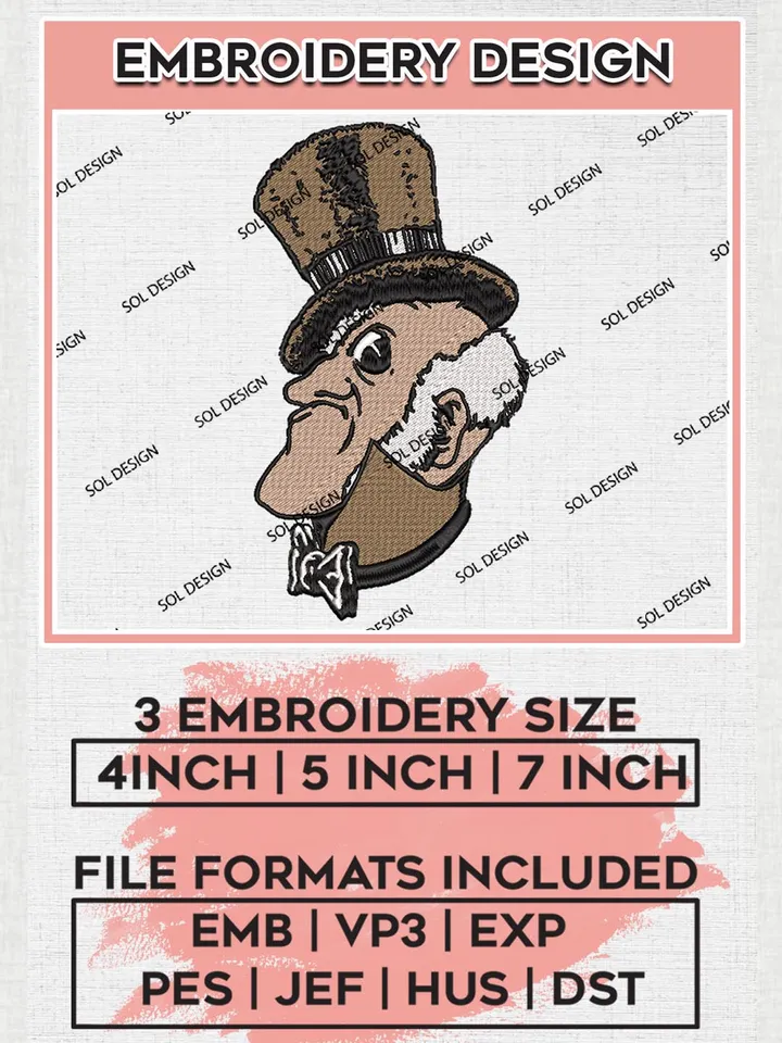 NCAA Wake Forest Demon Deacons College Team Head Mascot Logo Embroidery Design Files, NCAA Wake Forest Demon Deacons Machine Embroidery, NCAA Teams, 3 sizes, NCAA Machine embroidery designs, Digital Download